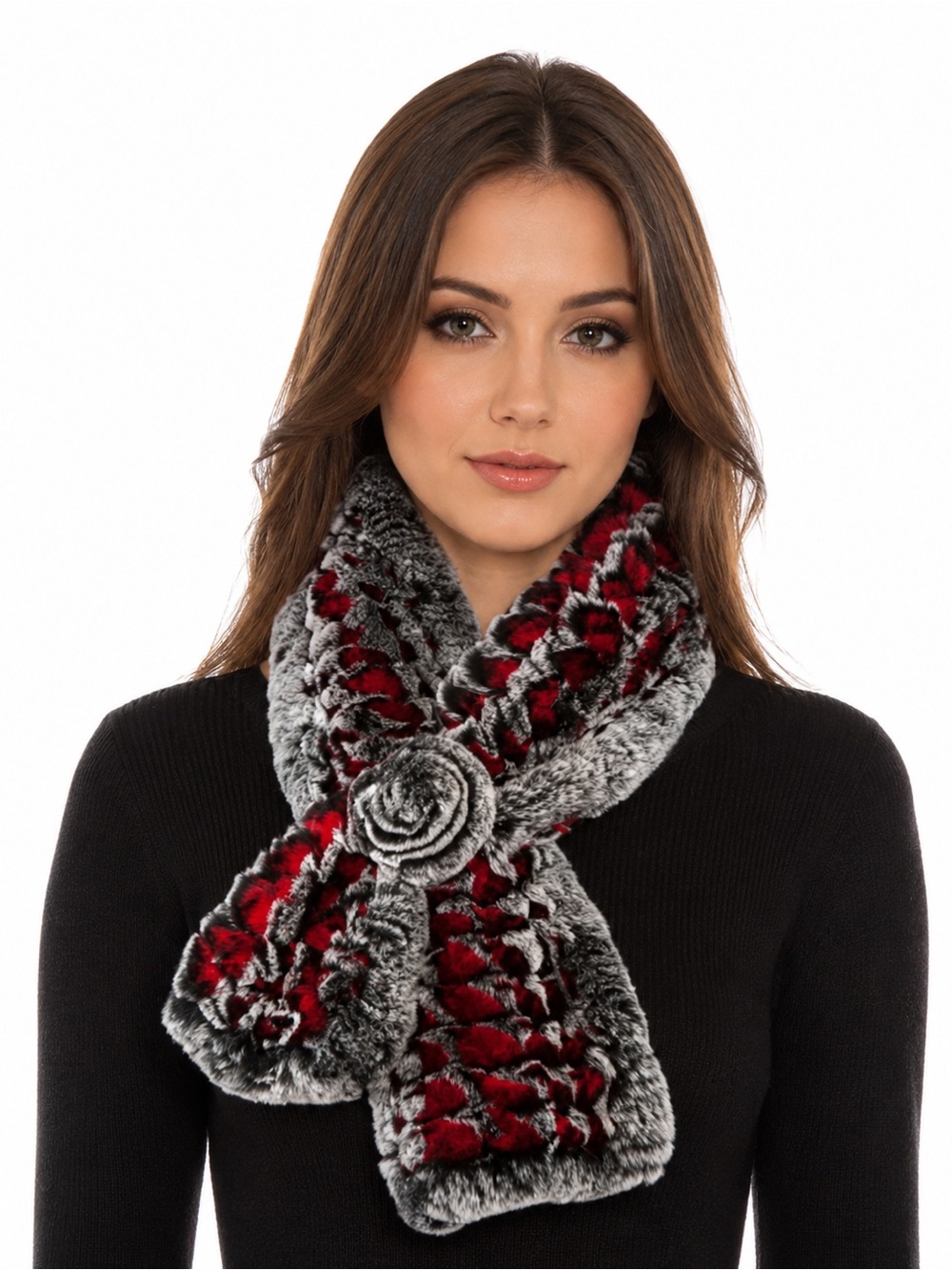 Volare New York Rex Rabbit Fur Scarf Rosette Red Gray Black Luxury Fur Wrap